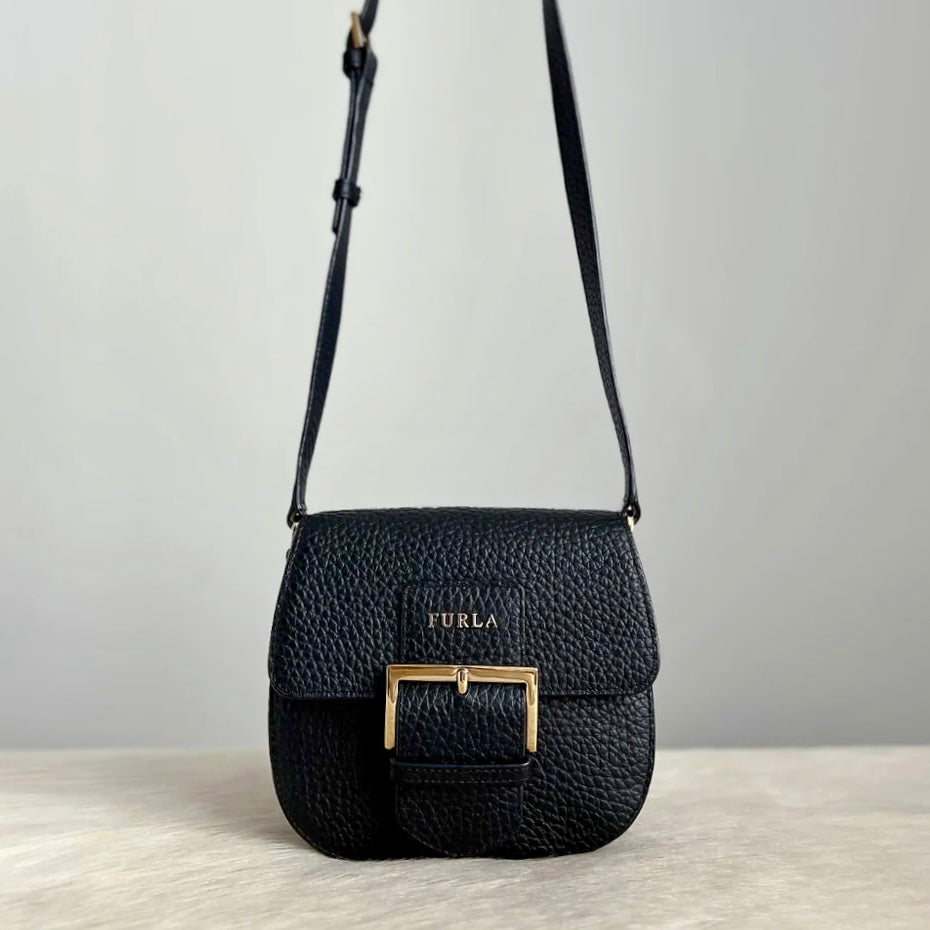 Furla Black Leather Front Buckle Crossbody Shoulder Bag Like New