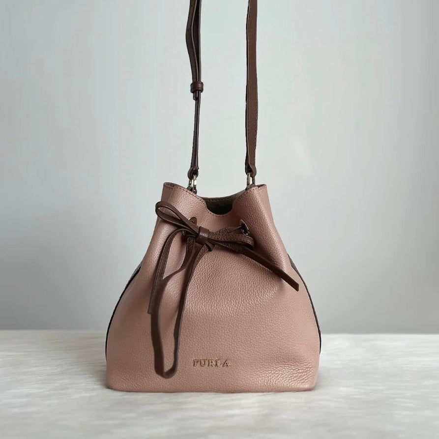 Furla Two Tone Leather Drawstring Bucket 2 Way Shoulder Bag Like New