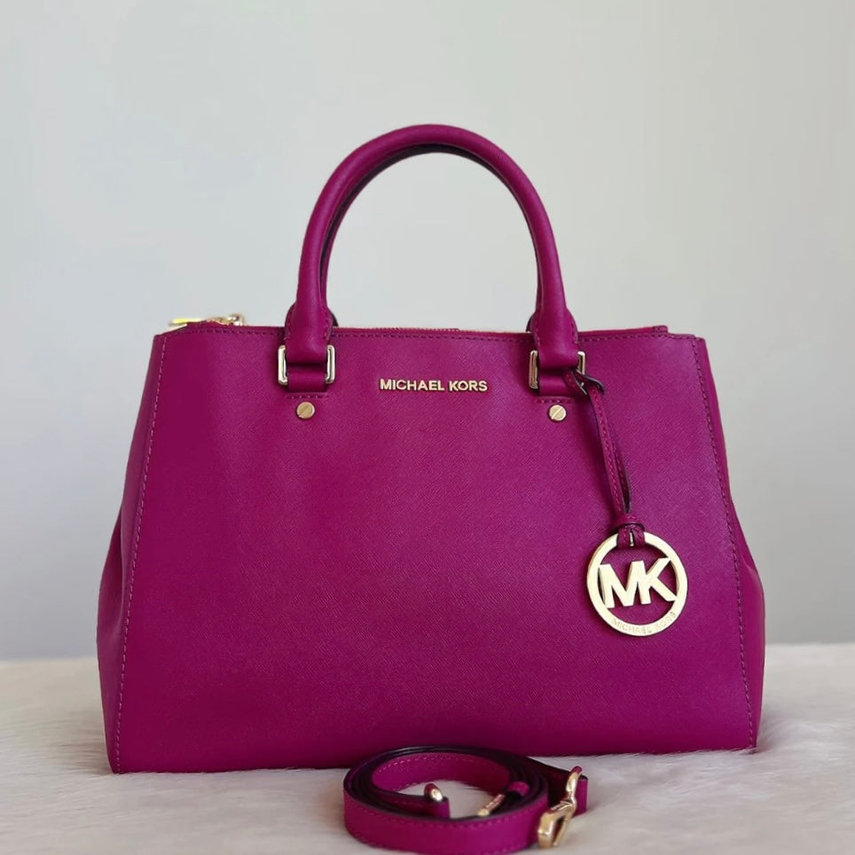 Michael Kors Fuchsia Leather MK Charm Triple Compartment 2 Way Shoulder Bag Excellent