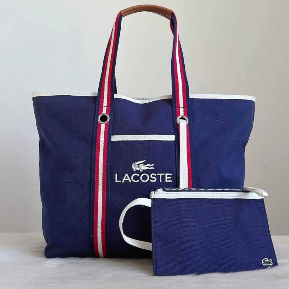 Lacoste Navy Stripe Detail Large Shoulder Bag + Pouch Excellent