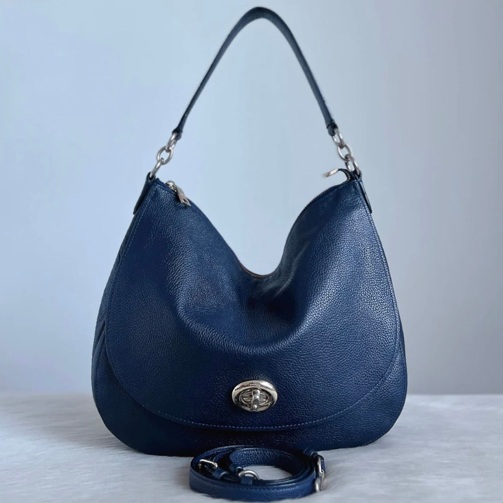 Coach Navy Leather Turn Lock Slouchy 2 Way Shoulder Bag