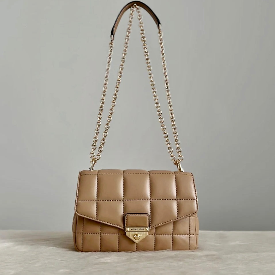 Michael Kors Mocha Leather Quilted Chain Detail 2 Way Shoulder Bag Like New