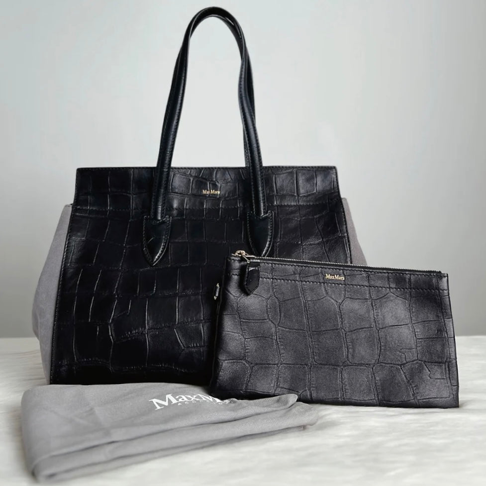 Max Mara Black Crocodile Print Leather Suede Patchwork Shoulder Bag + Pouch Like New