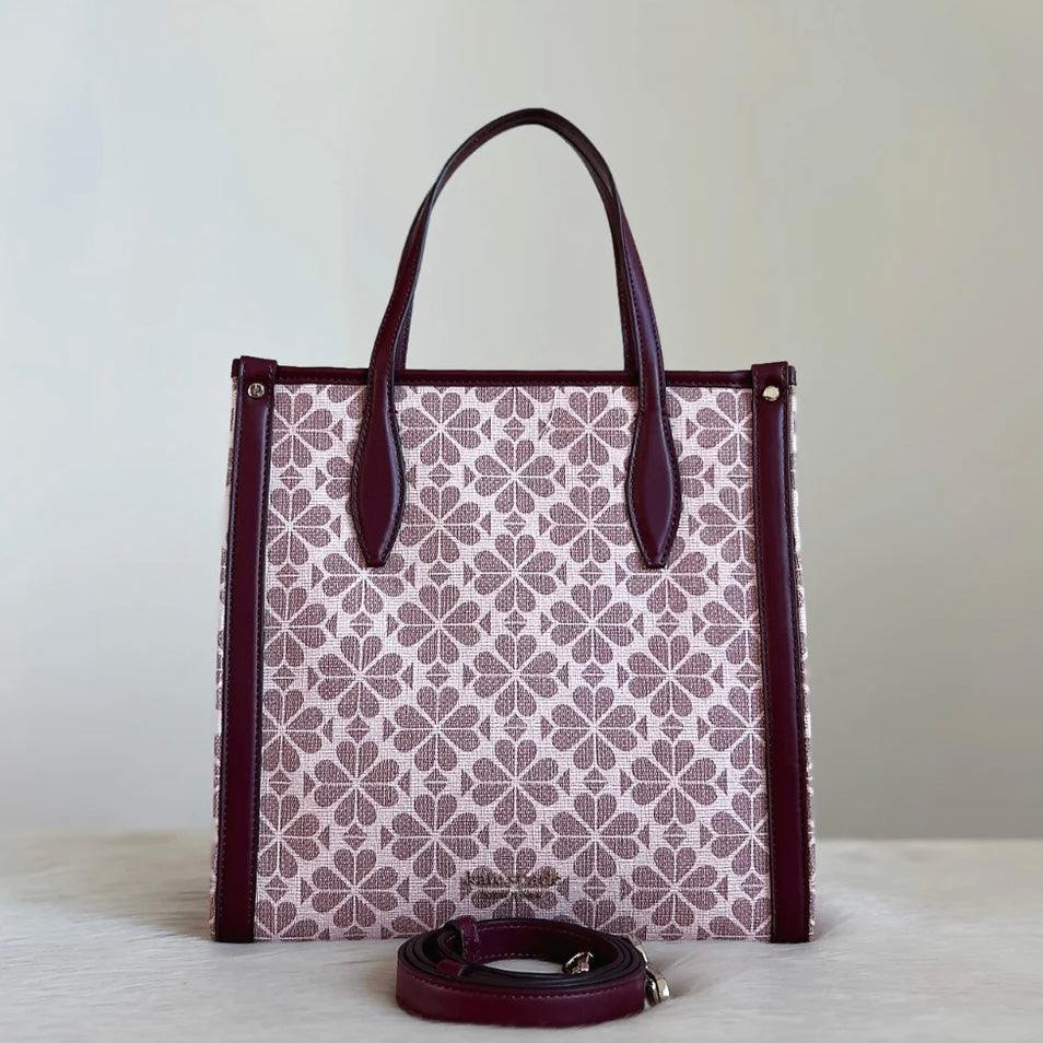 Kate Spade Maroon Leather Floral Pattern Book Tote 2 Way Shoulder Bag Like New