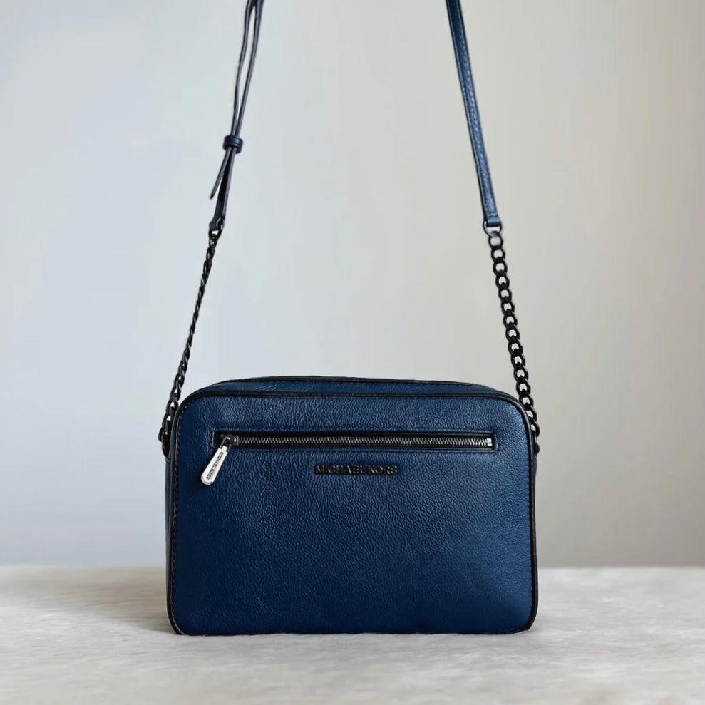 Michael Kors Navy Leather Front Zip Pocket Messenger Crossbody Shoulder Bag Excellent