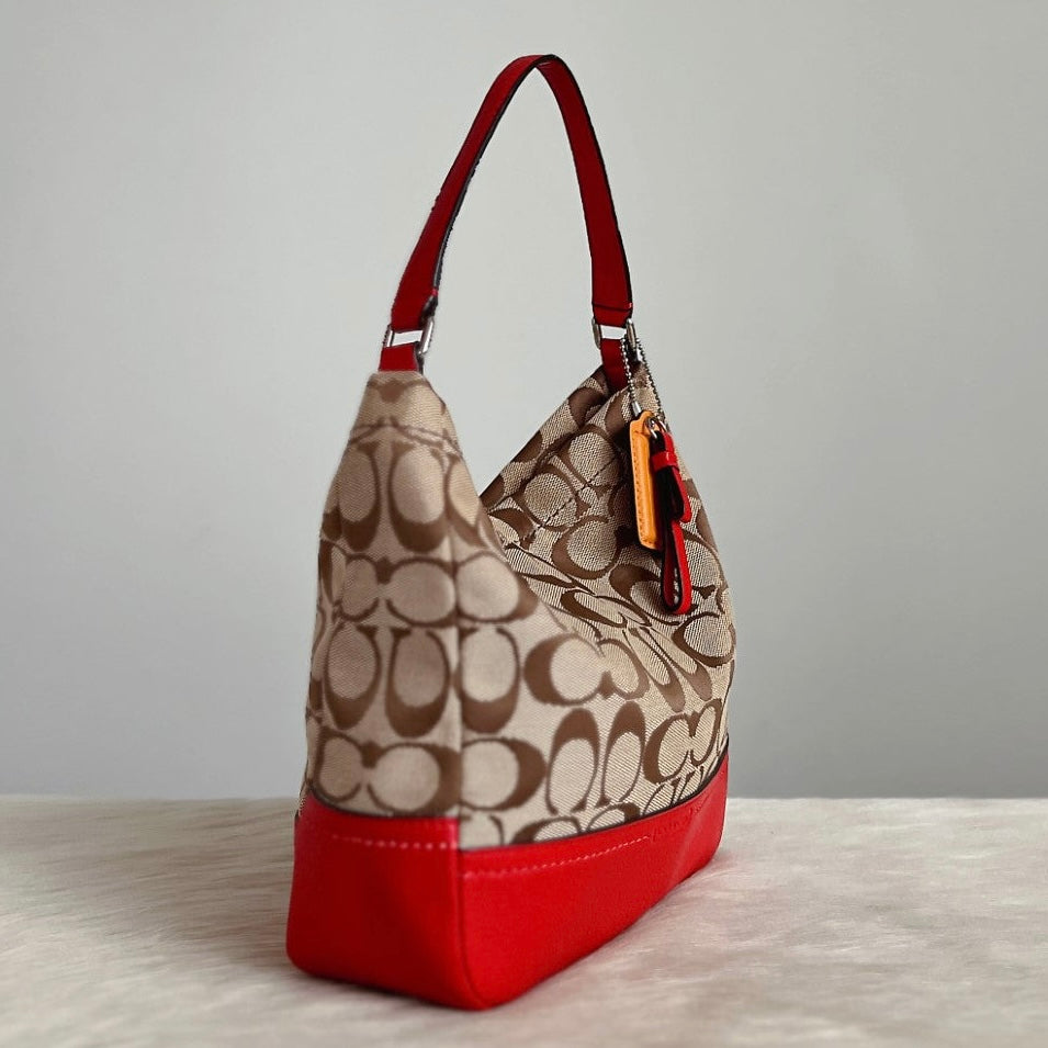 Coach Red Leather Monogram Slouchy 2 Way Shoulder Bag Excellent