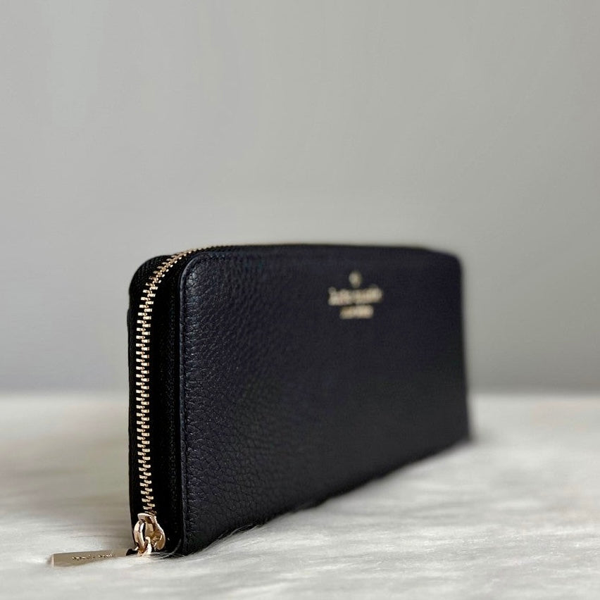 Kate Spade Black Leather Front Logo Zip Compartment Long Wallet Like New