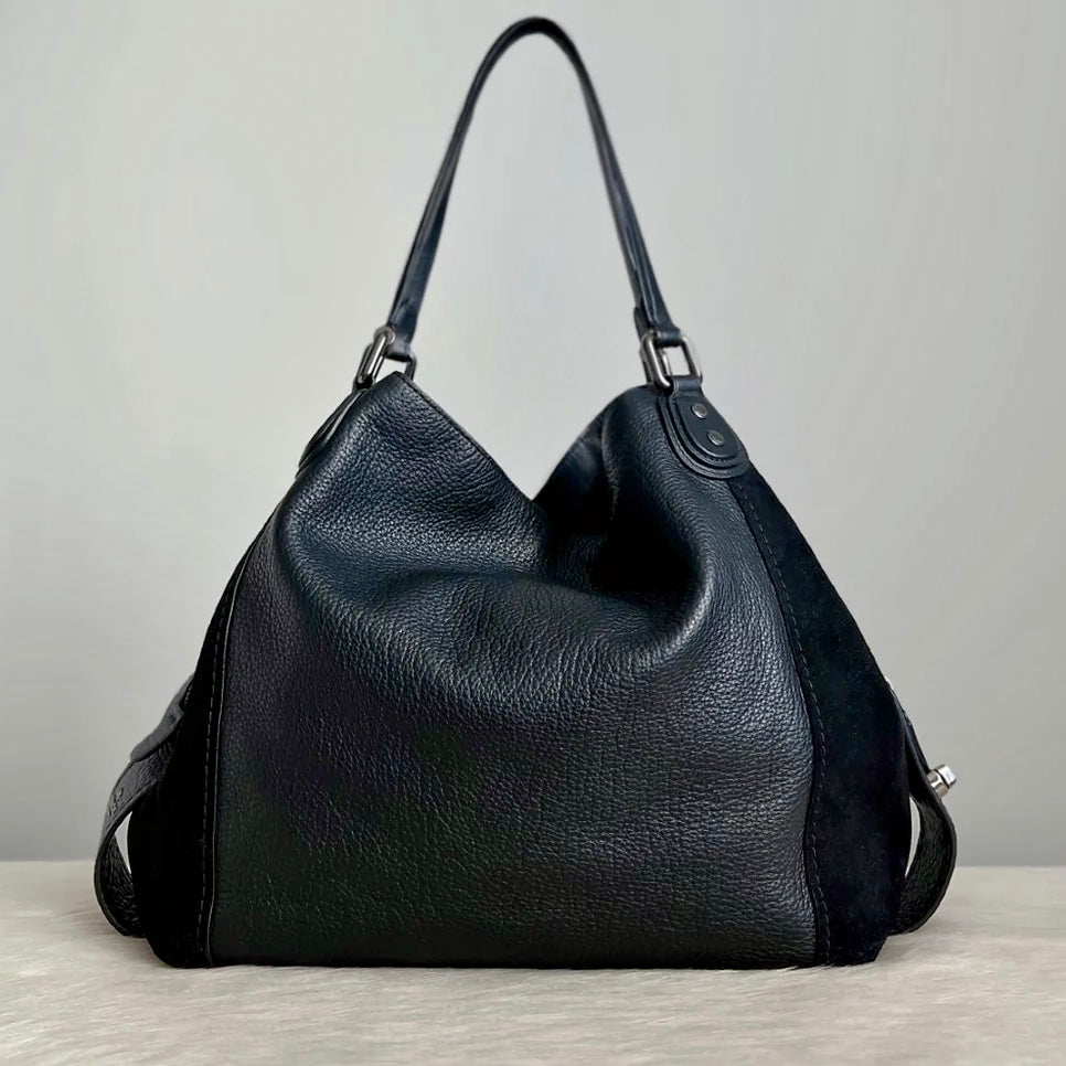 Coach Black Leather Suede Patchwork Triple Compartment Shoulder Bag
