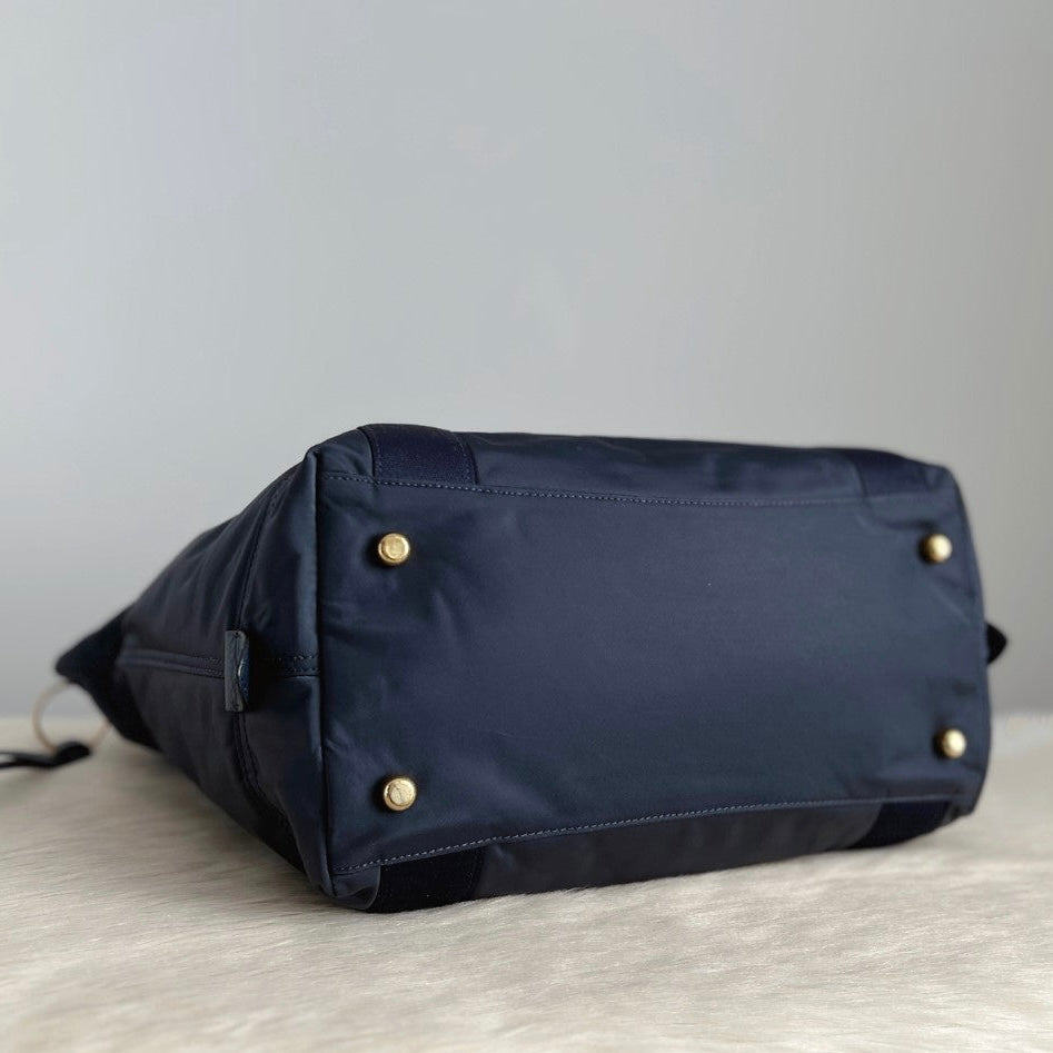 Coach Navy Leather Turn Lock Flap Patchwork Carryall Shoulder Bag Excellent