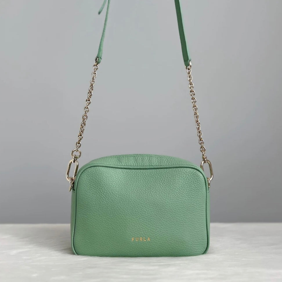 Furla Lime Leather Front Logo Camera Crossbody Shoulder Bag Like New