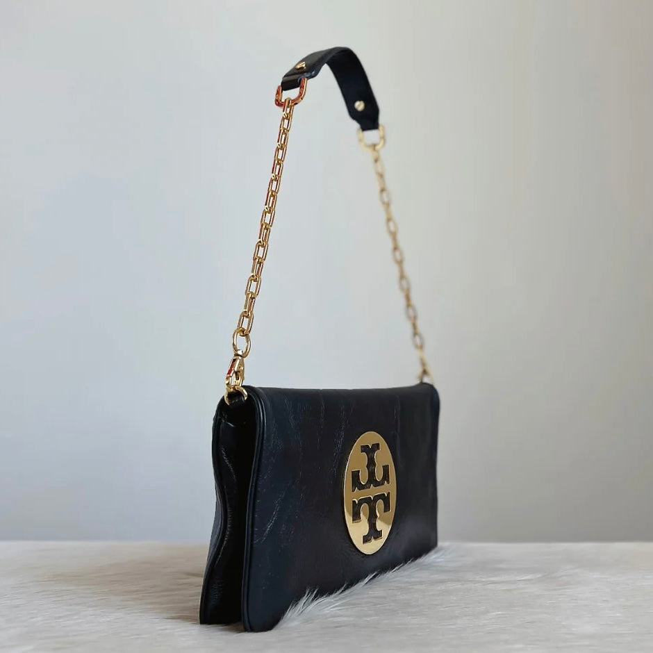 Tory Burch Black Leather Front Logo Chain Shoulder Bag Excellent