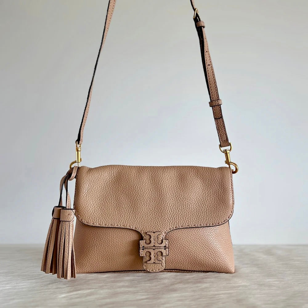 Tory Burch Beige Leather Front Buckle Tassel Charm Crossbody Shoulder Bag Like New