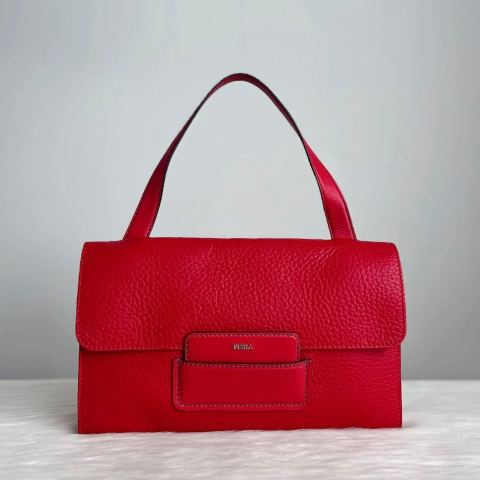 Furla Red Leather Front Logo Buckle Shoulder Bag Like New