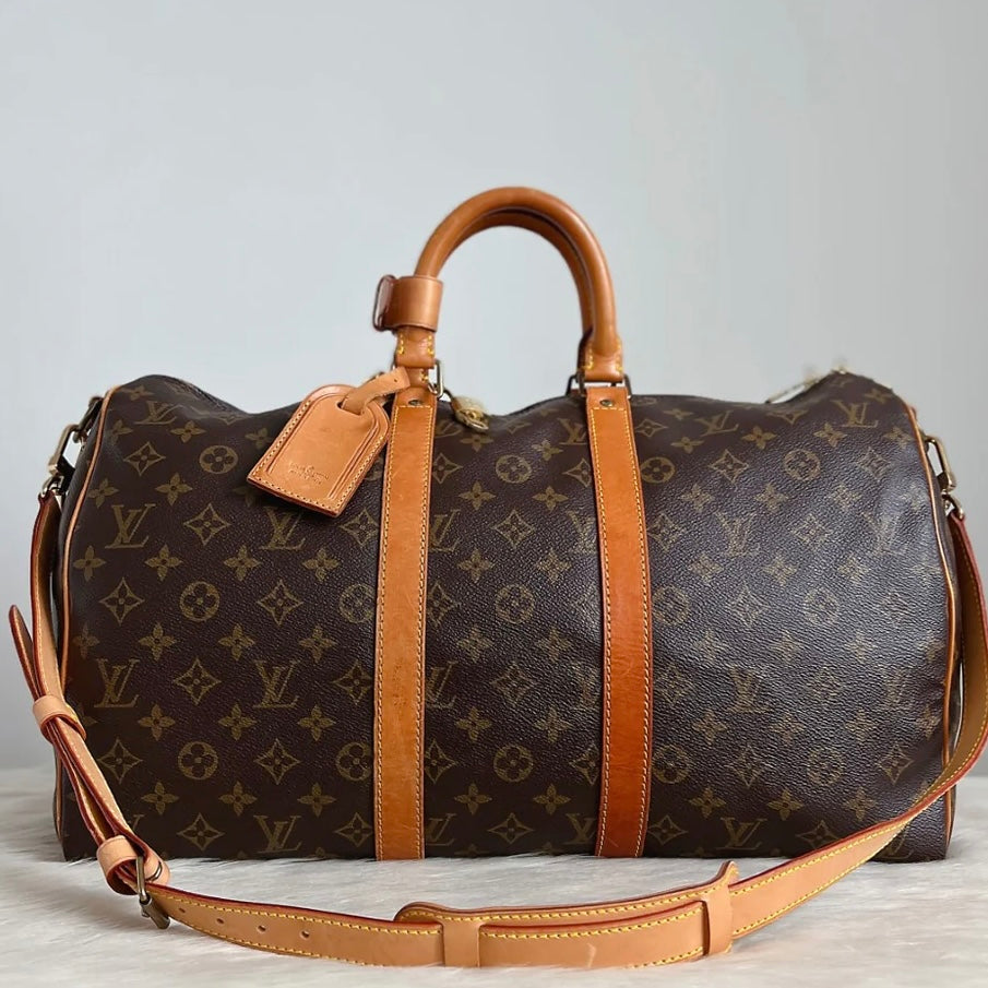 Louis Vuitton Signature Monogram Bandouliere Keepall 45 Travel Bag Full Set