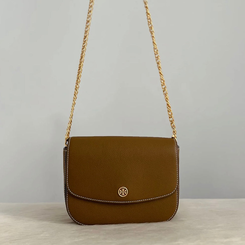 Tory Burch Mocha Leather Front Logo Chain Detail Crossbody Shoulder Bag Like New