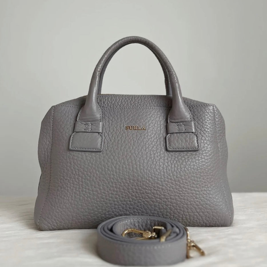 Furla Grey Leather Front Logo Boston 2 Way Shoulder Bag Like New
