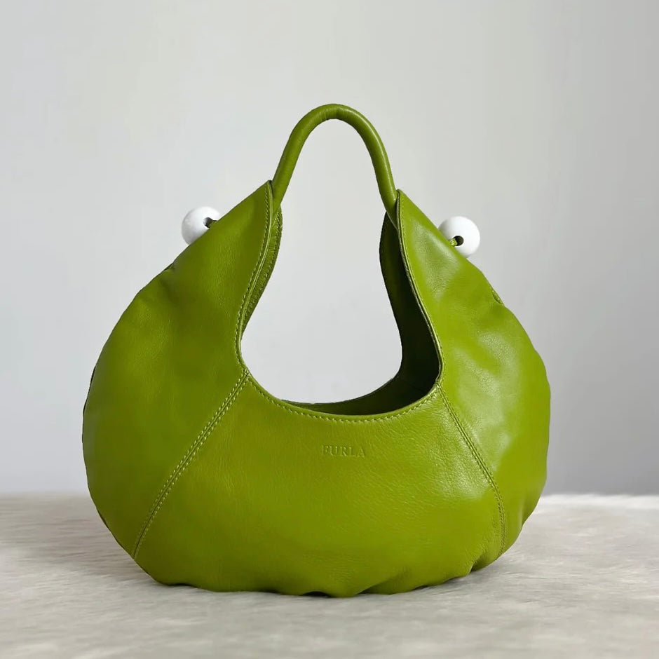 Furla Green Leather Bead Detail Half Moon Shoulder Bag