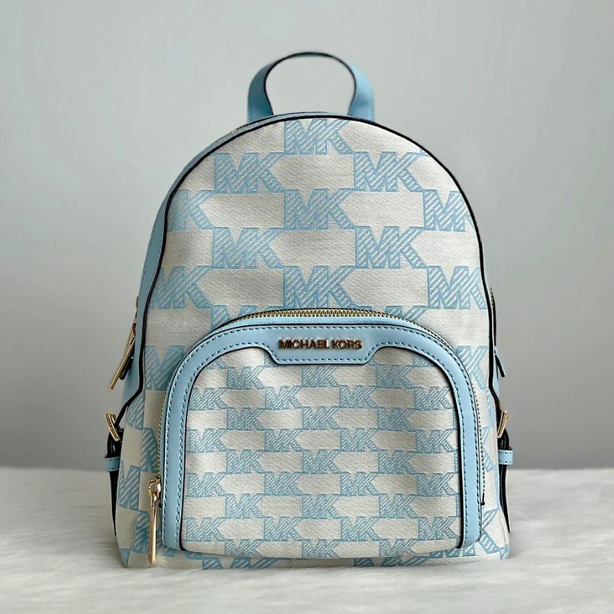 Michael Kors Light Blue Leather Monogram Front Detail Backpack Like New