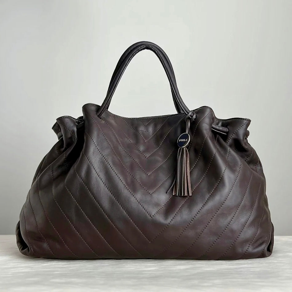 Furla Chocolate Leather Tassel Charm Large Shoulder Bag Like New