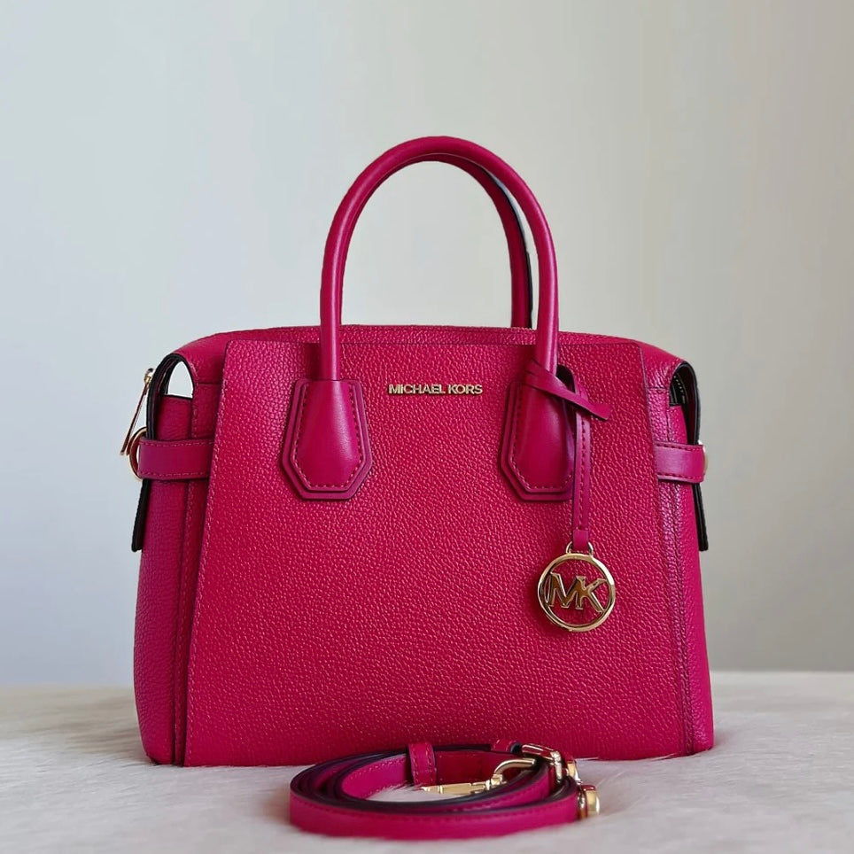 Michael Kors Fuchsia Leather MK Charm Triple Compartment 2 Way Shoulder Bag Like New