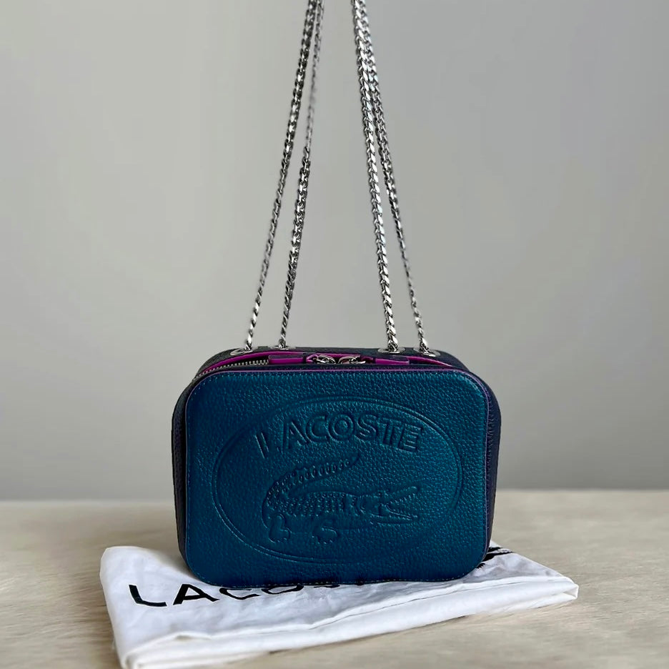 Lacoste Two Tone Leather Camera Embossed Logo 3 Way Shoulder Bag Like New