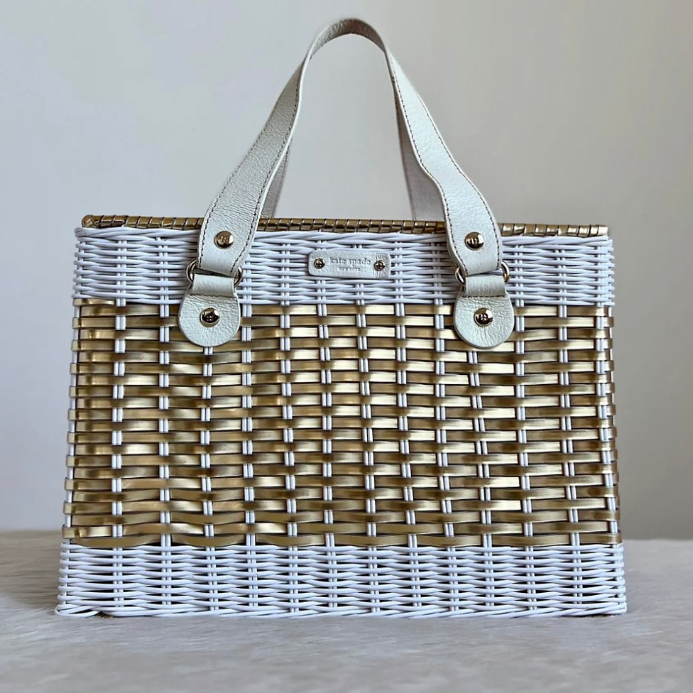 Kate Spade White Leather Straw Holiday Basket Tote Bag