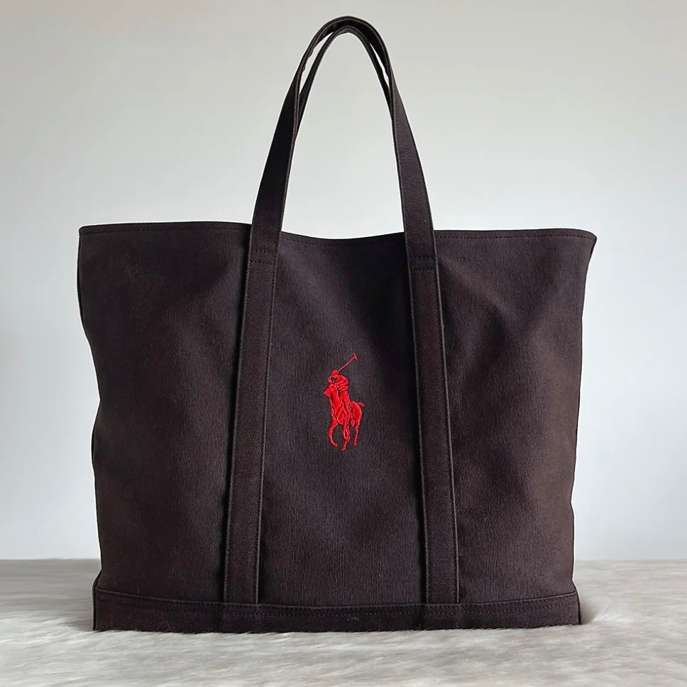 Ralph Lauren Black Canvas Front Logo Carryall Shoulder Bag Excellent