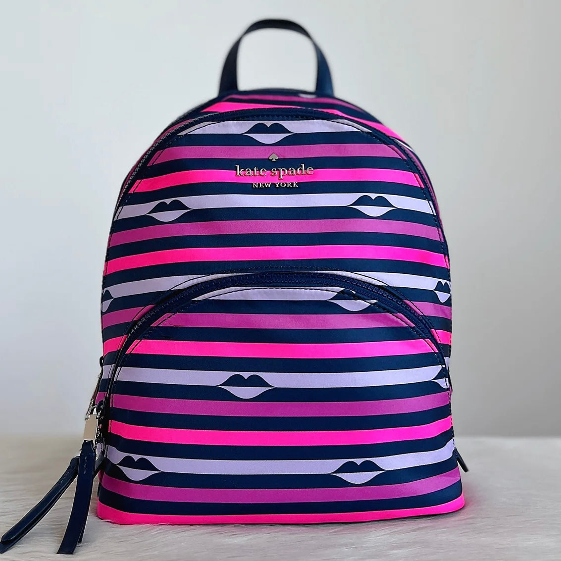 Kate Spade Multi-Colour Striped Double Compartment Front Logo Backpack Excellent