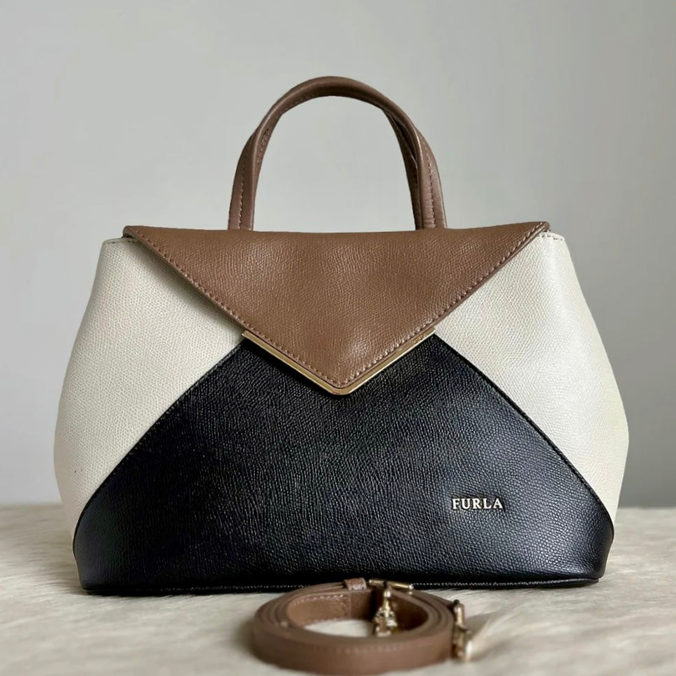 Furla Tri-Tone Leather Front Logo 2 Way Shoulder Bag Excellent