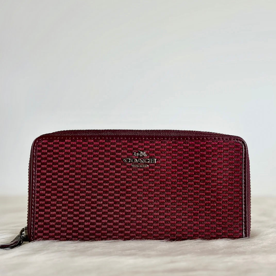 Coach Burgundy Leather Check Pattern Long Wallet Like New