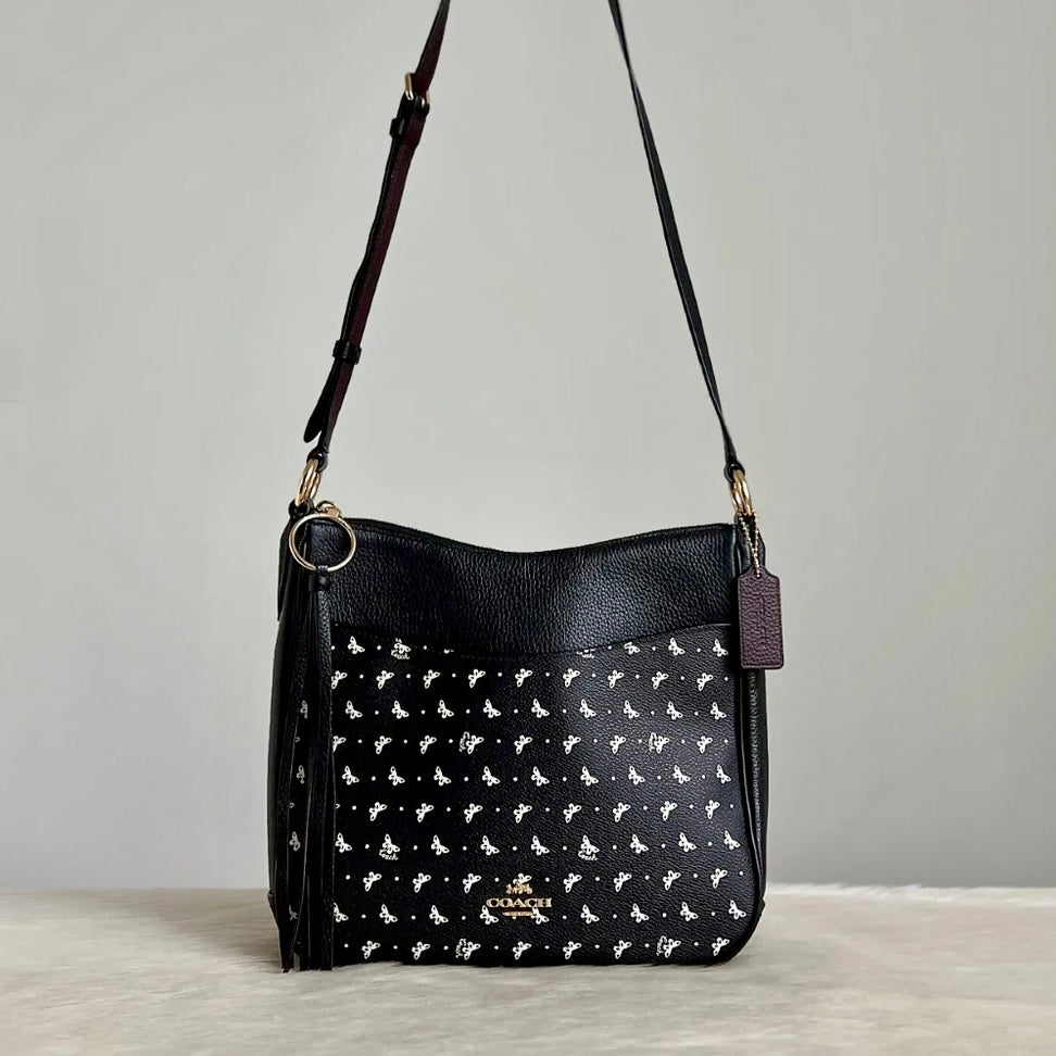 Coach Black Leather Butterfly Pattern Front Logo Crossbody Shoulder Bag Like New