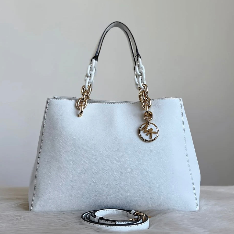 Michael Kors White Saffiano Leather Triple Compartment 2 Way Shoulder Bag