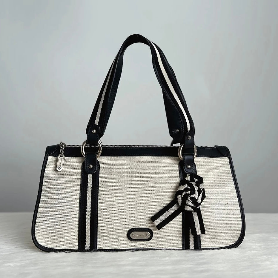 Bally Black Leather Floral Charm Stripe Detail Shoulder Bag Excellent