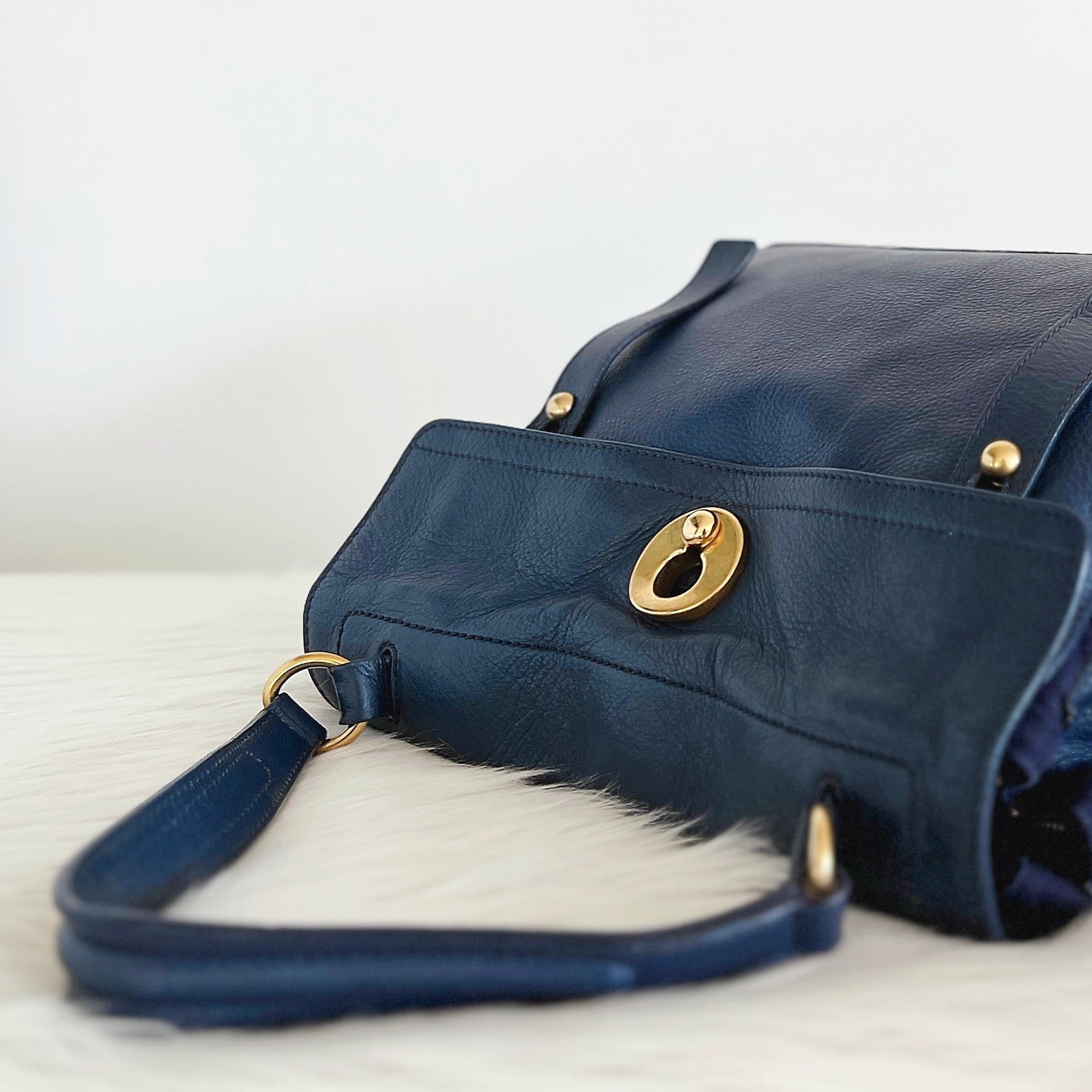 Yves Saint Laurent YSL Navy Leather Muse Two Tote Bag Excellent