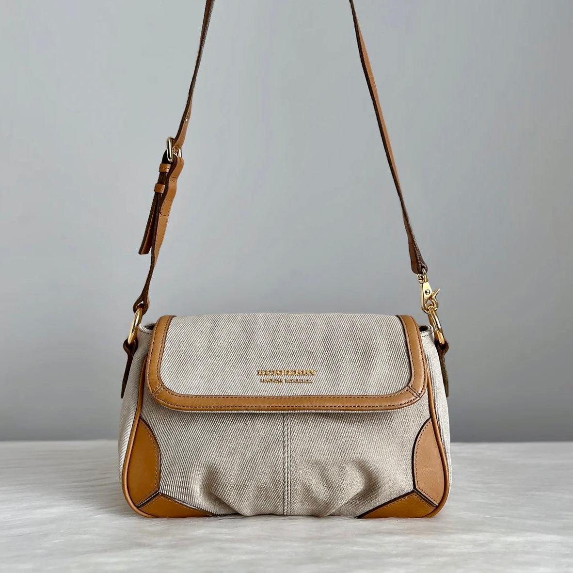 Burberry Caramel Leather Front Logo Flap Crossbody Shoulder Bag Excellent
