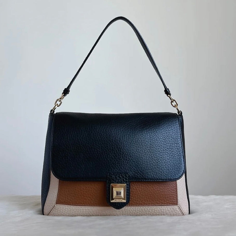 Furla Tri-Tone Leather Front Buckle Shoulder Bag