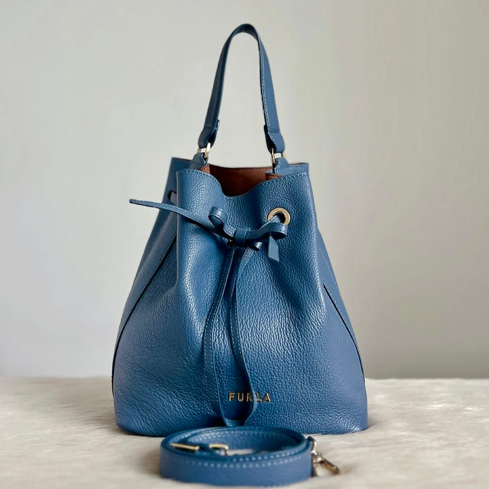 Furla Blue Leather Drawstring Bucket 2 Way Shoulder Bag Excellent