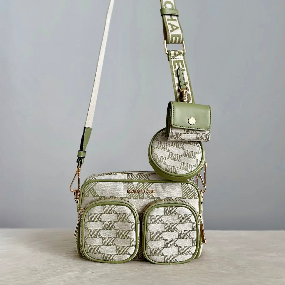 Michael Kors Lime Leather Monogram Crossbody Shoulder Bag + Pouches Like New