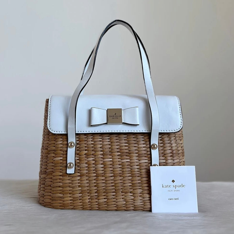 Kate Spade White Leather Bow Detail Holiday Tote Bag Like New