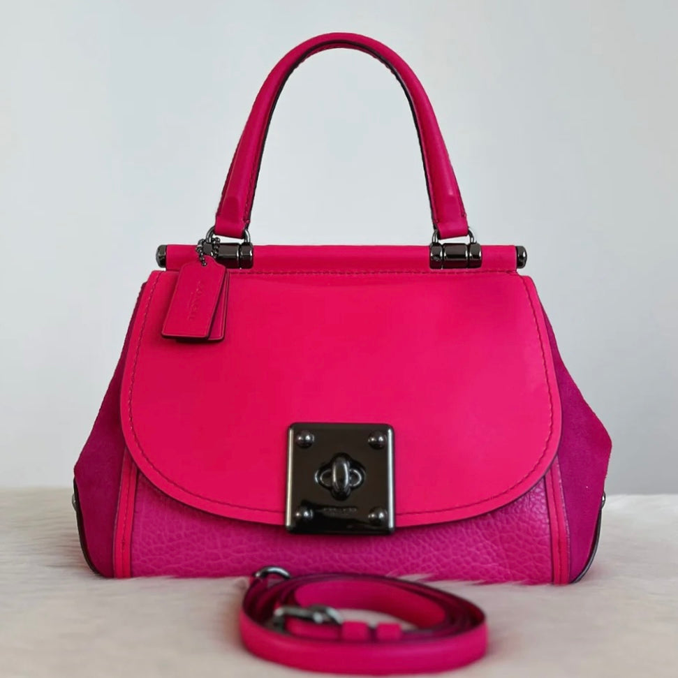 Coach Fuchsia Leather Suede Patchwork Turn Lock 2 Way Shoulder Bag