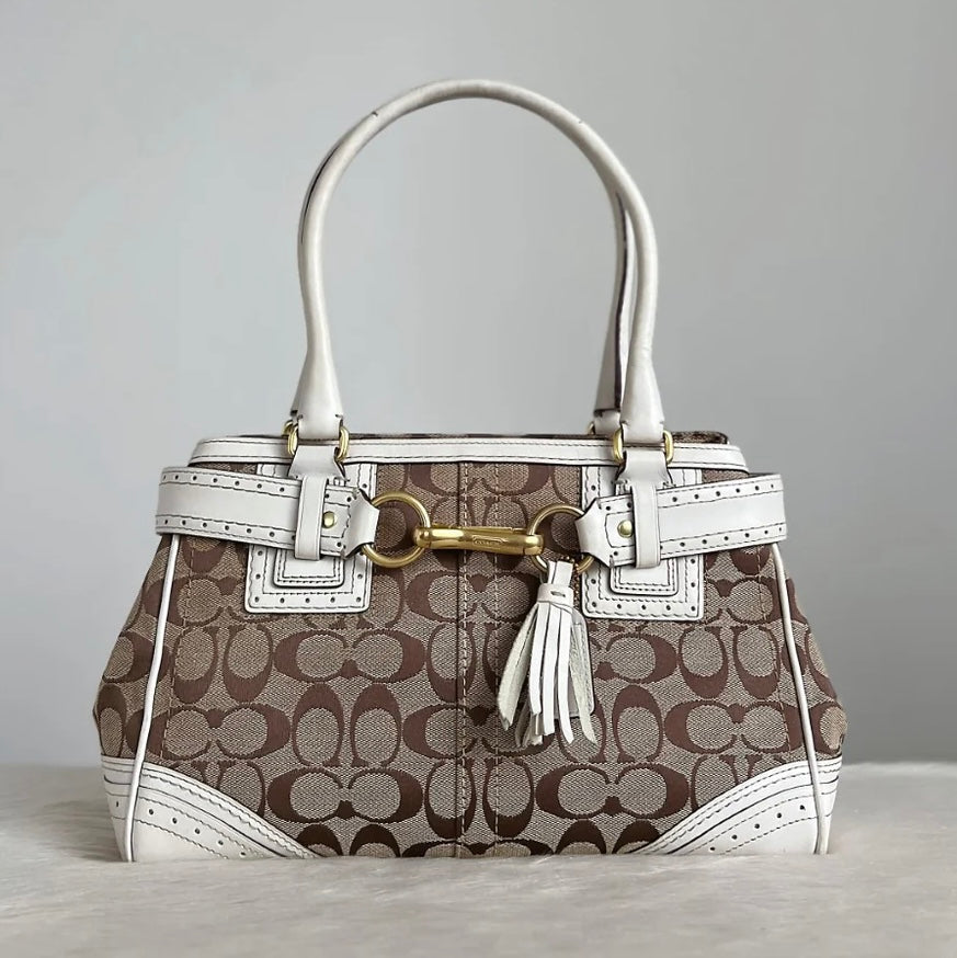 Coach White Leather Monogram Patchwork Tassel Detail Shoulder Bag