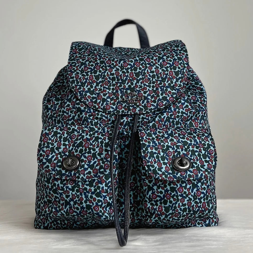 Coach Navy Leather Floral Print Drawstring Backpack Excellent