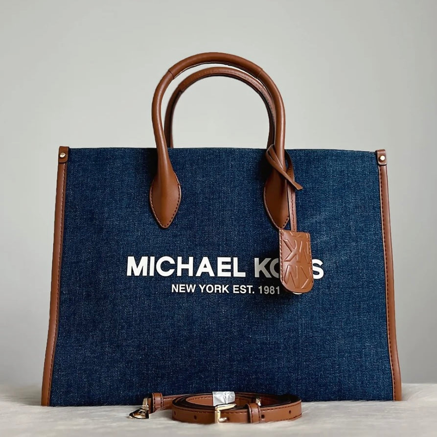 Michael Kors Caramel Leather Denim Book Tote 2 Way Shoulder Bag Excellent