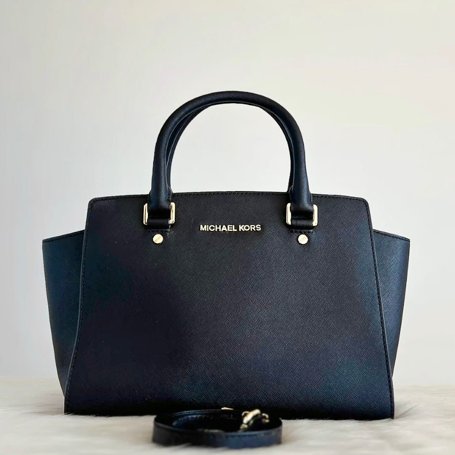 Michael Kors Black Leather Front Logo 2 Way Shoulder Bag Excellent