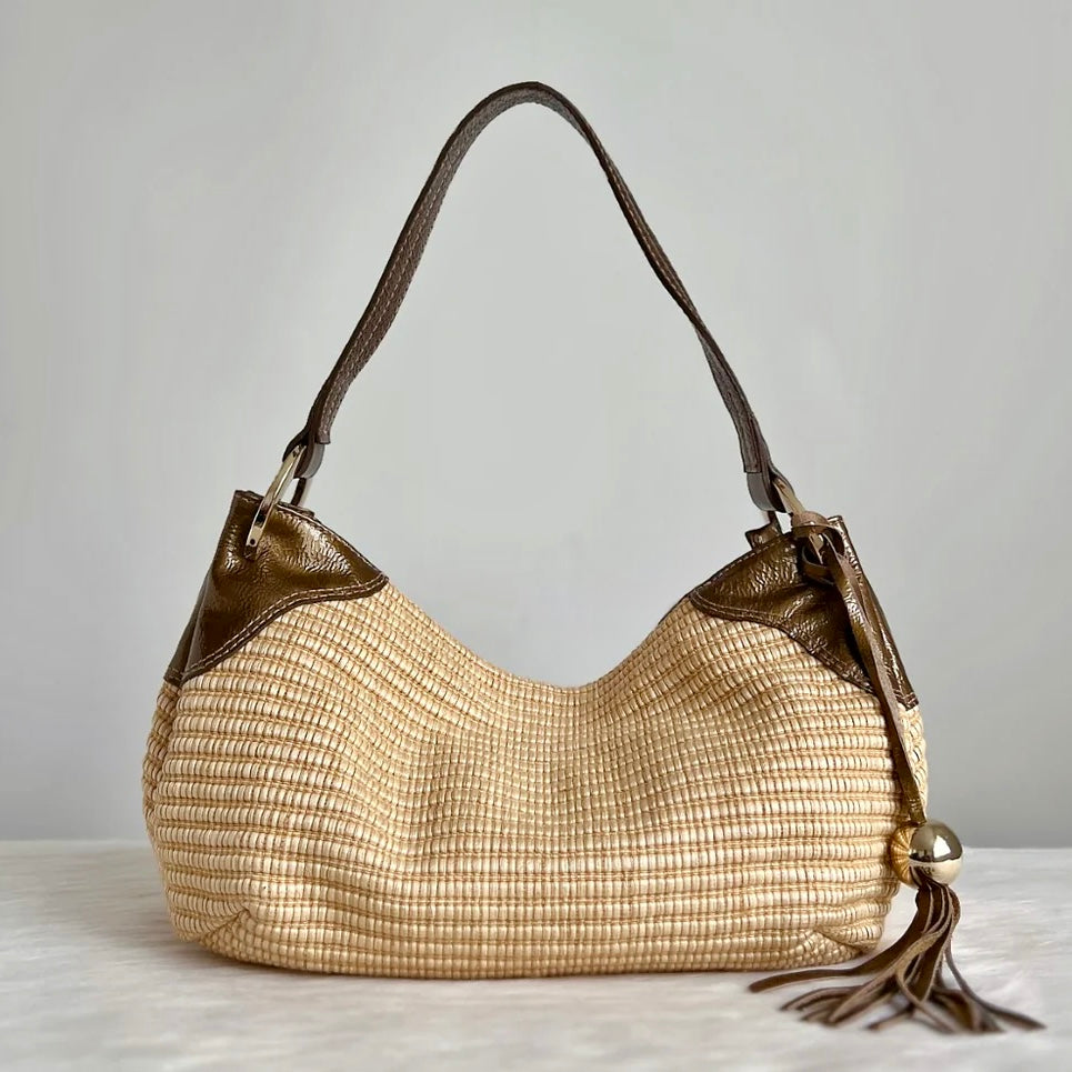 Furla Patent Leather Straw Slouchy Tassel Detail Shoulder Bag Excellent