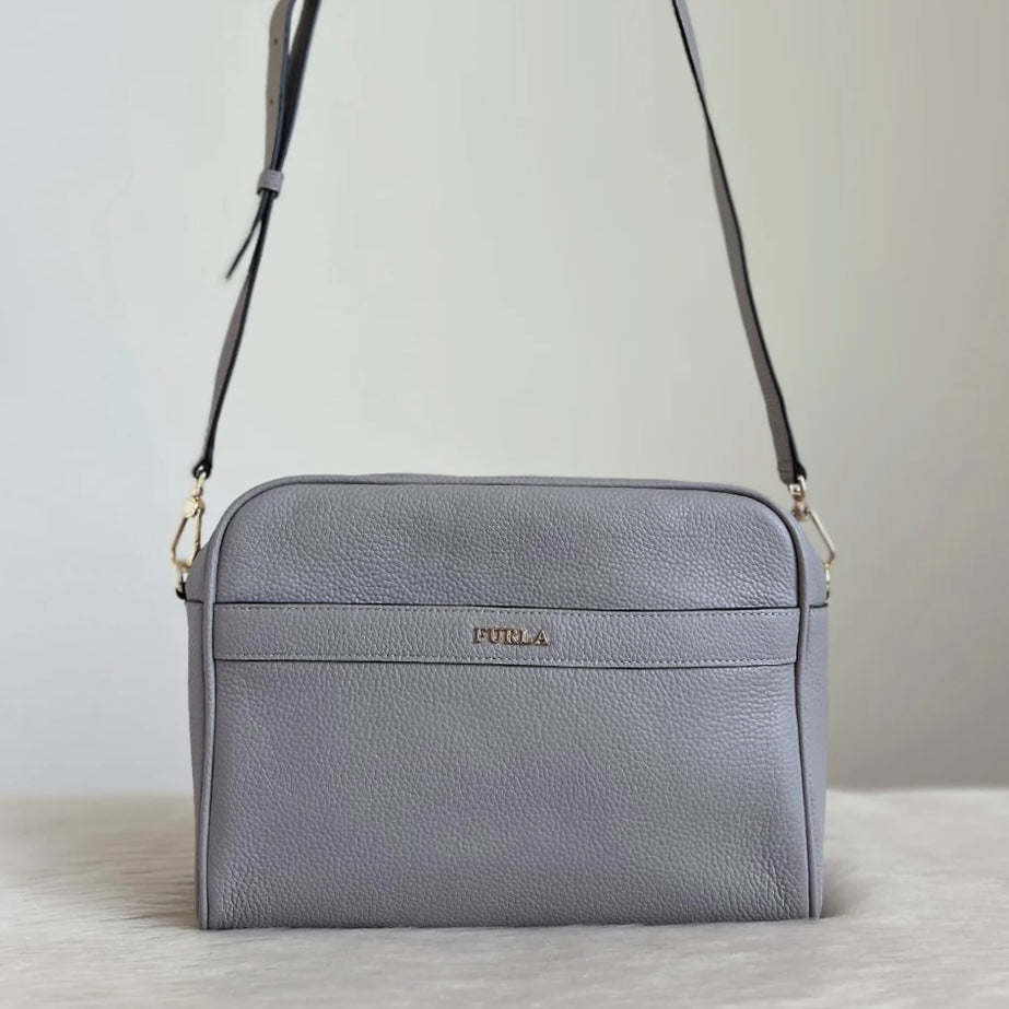 Furla Grey Leather Front Logo Messenger Crossbody Shoulder Bag Like New