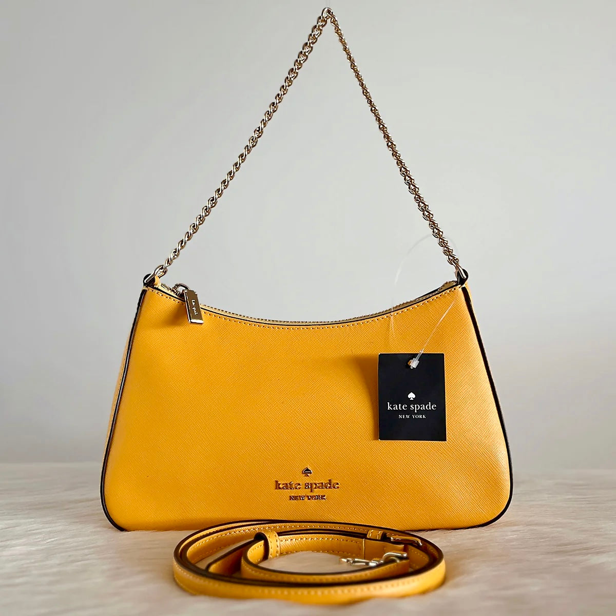 Kate Spade Yellow Leather Front Logo Chain 2 Way Shoulder Bag New with Tags
