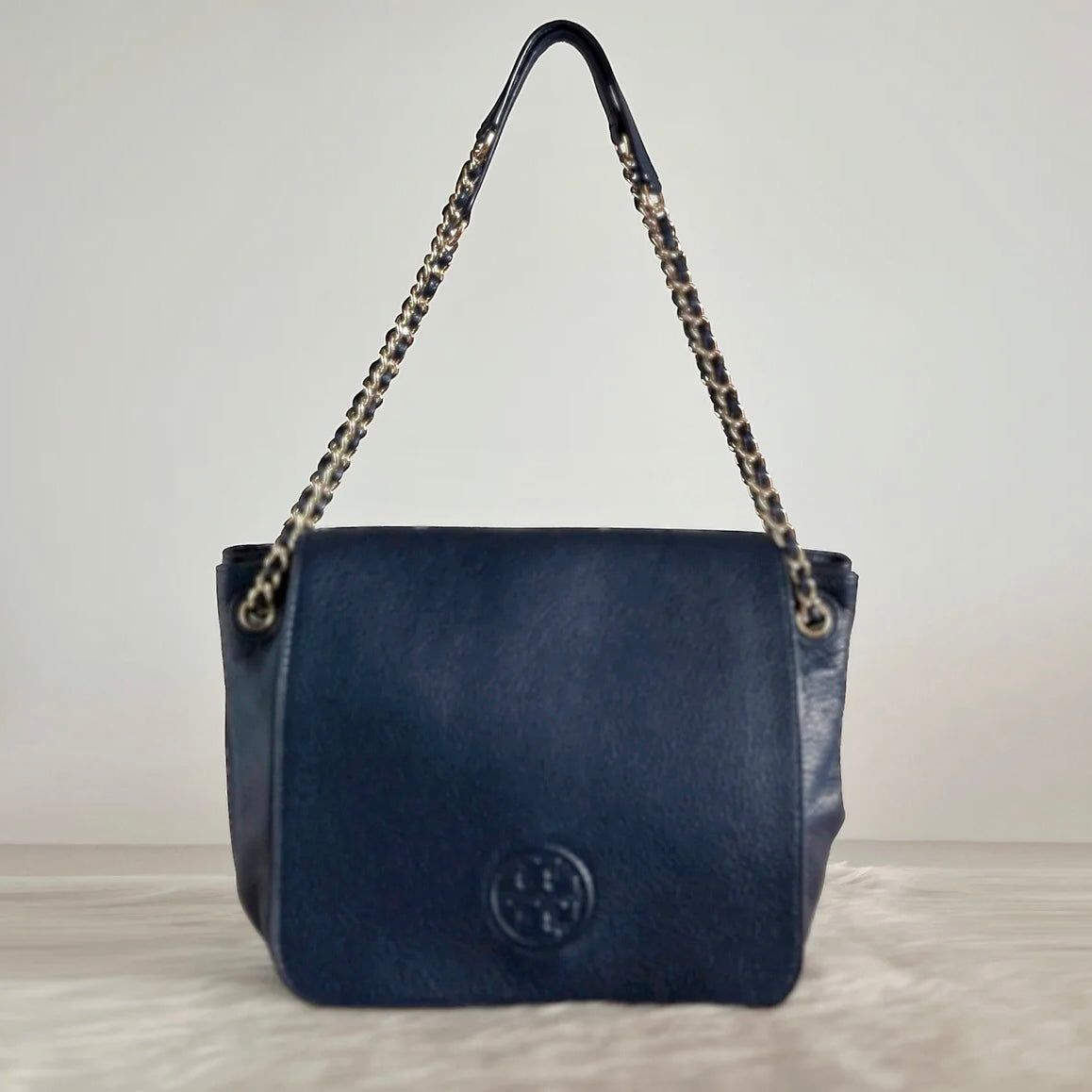 Tory Burch Navy Leather Front Logo Chain 2 Way Crossbody Shoulder Bag Like New
