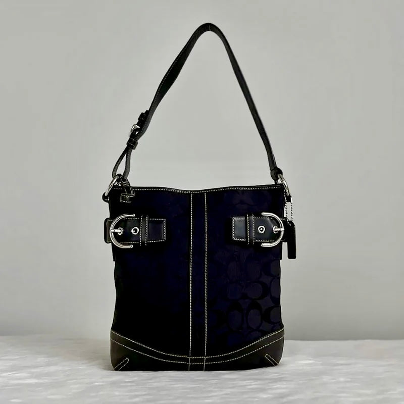 Coach Black Leather Monogram Double Buckle Shoulder Bag Like New