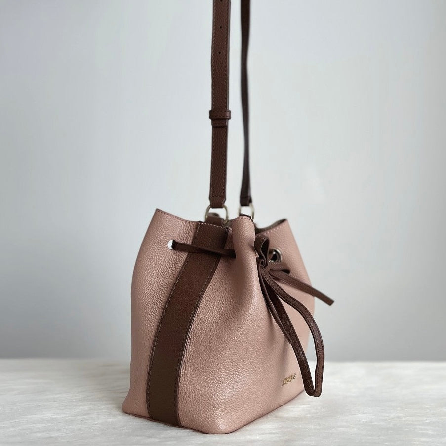 Furla Two Tone Leather Drawstring Bucket 2 Way Shoulder Bag Like New